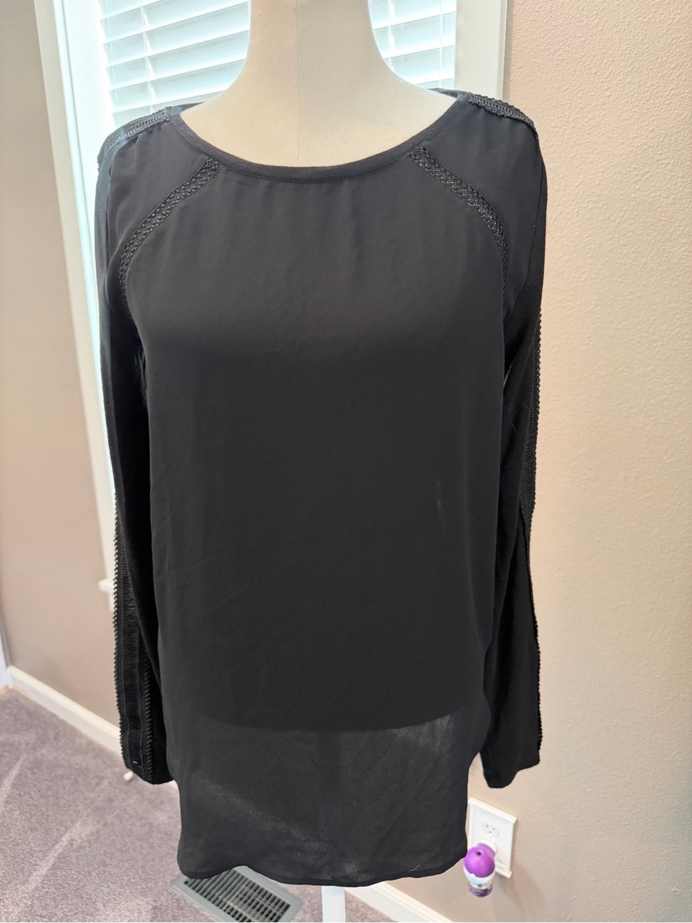 LOFT Black Long-Sleeve Mixed Media Blouse